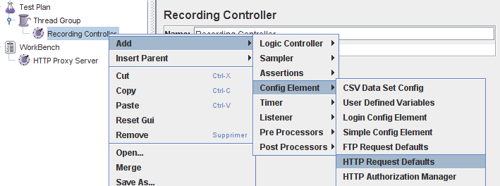 Ajout de Config Element > HTP Request Defaults Ajout de Config Element > HTP Request Defaults