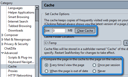 Preferences de Cache SeaMonkey Preferences de Cache SeaMonkey