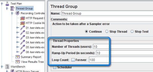 Modification du thread group pour 10 VU / RAP 10s / Loop100