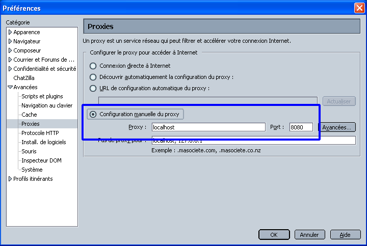 Preferences de proxy SeaMonkey