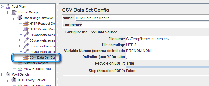 Configuration de l'item CSV Data Set Config