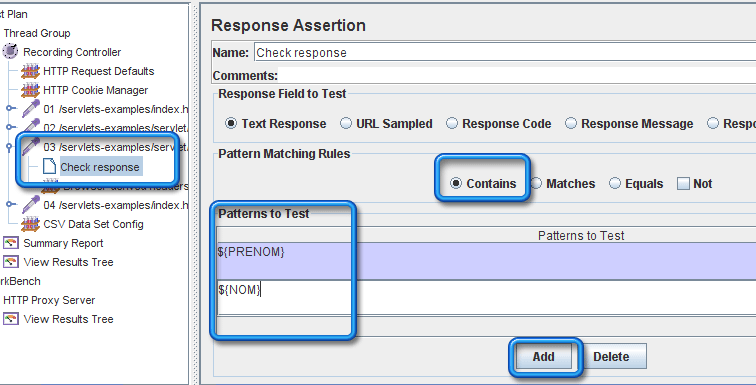 Configuration du test d'assertion