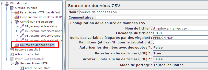 Configuration de l'item CSV Data Set Config